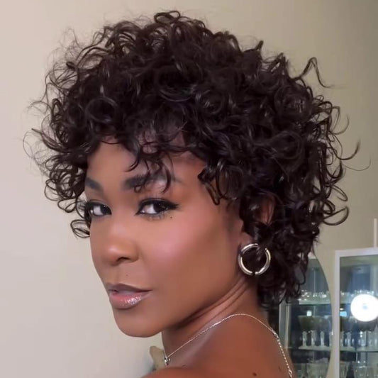 Put On & Go Short Curly Pixie Bob Wig 100% Human Hair