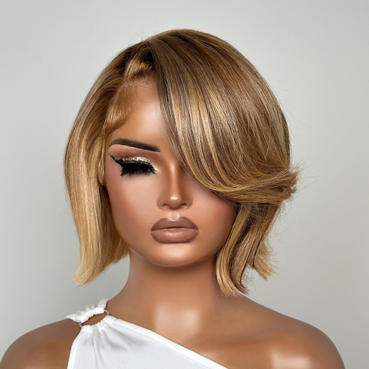 613 Blonde Highlight With Brown Bob 13×4 Lace Frontal Wig With Swoop Bang