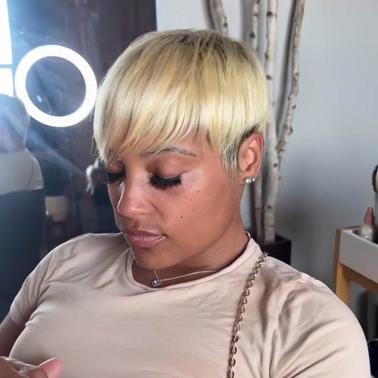 Blonde Highlight with Dark Roots Layered Short Pixie Wig