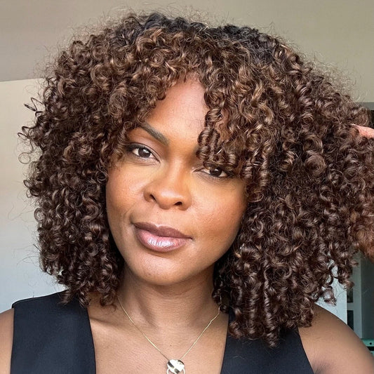 Blonde Brown Highlights Voluminous Short Curly Bob Glueless Wig
