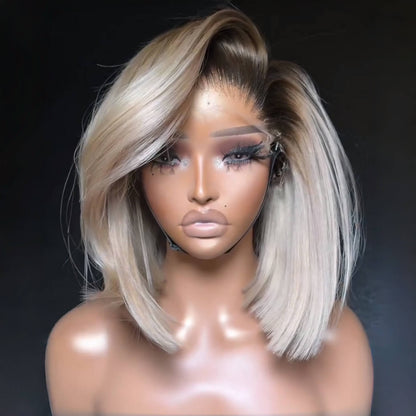 White Blonde With Dark Roots Side parted 13x4 Frontal Lace Wig