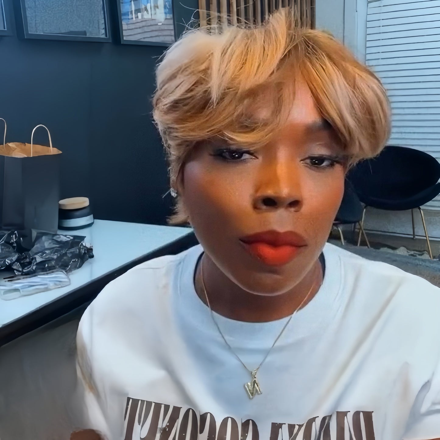 Blonde Highlight Curtain Bangs Short Pixie Cut Glueless Bangs Wig