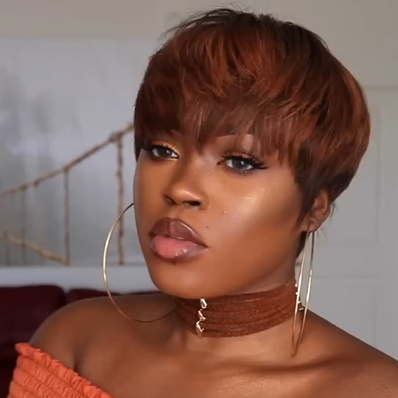 Brown With Ginger Highlight Short Pixie Cut Glueless Bangs Wig