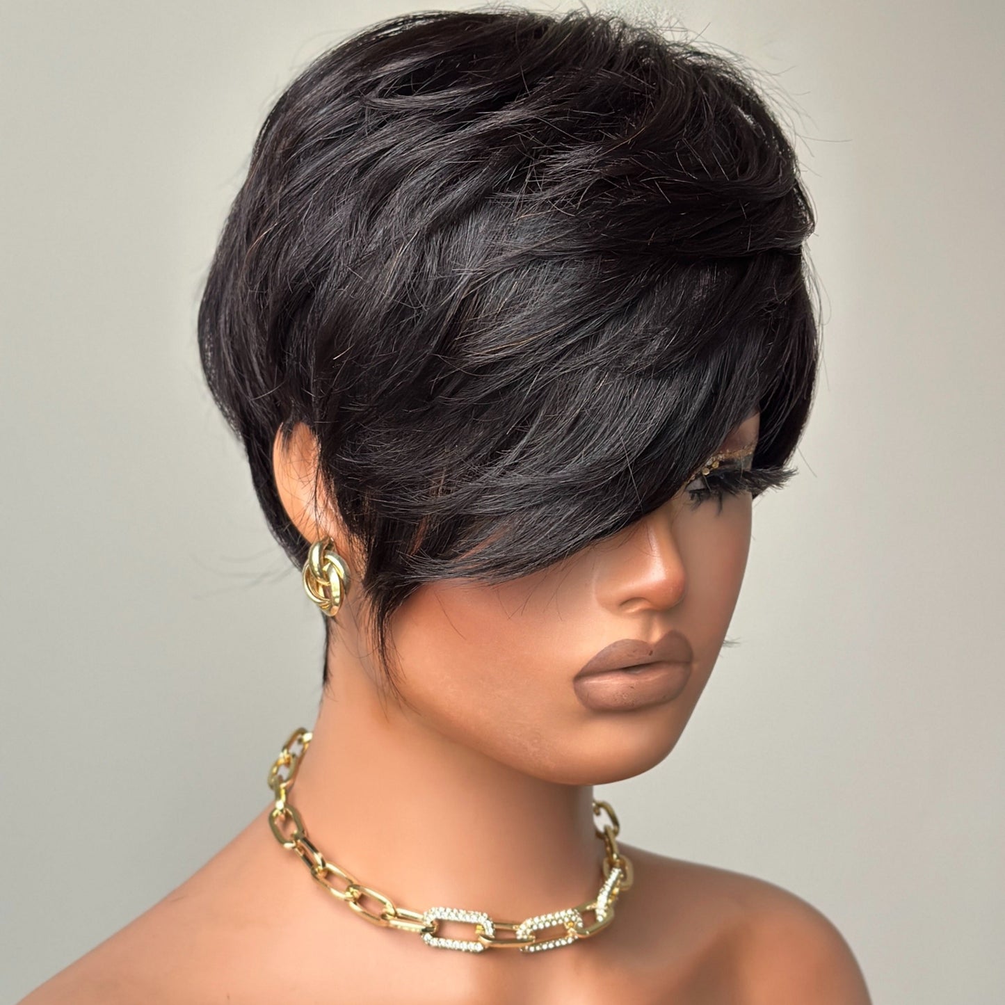 Short Pixie Cut With Long Bangs Glueless Natural Human Hair Wig