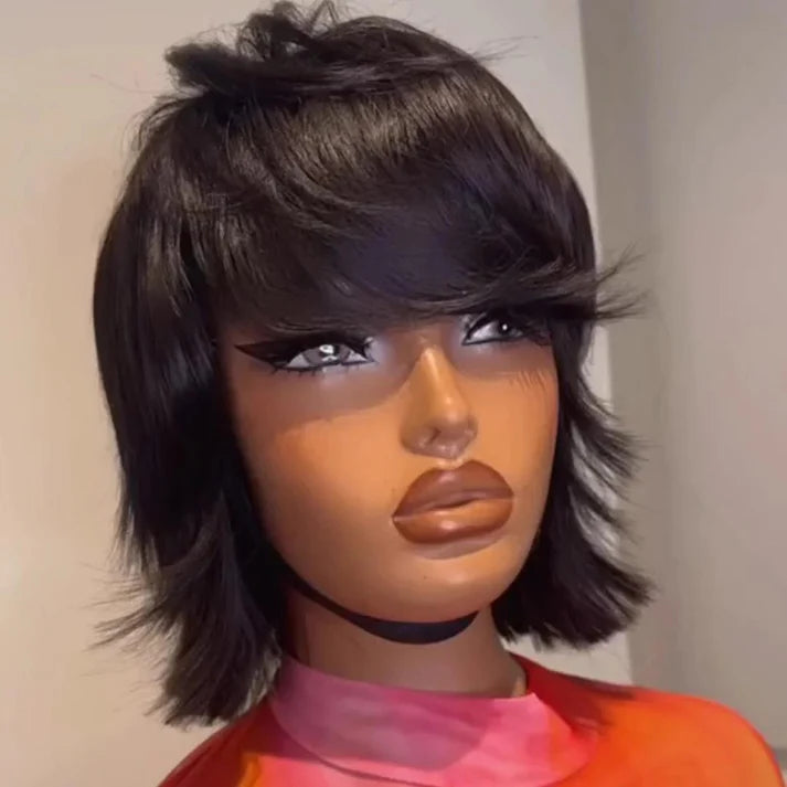 Short Layered Cut Hair With Fringe Bang 13x4 Lace Frontal Glueless Wig