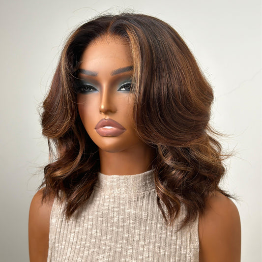Ombre Brown Highlight Wavy Layered bob Lace Frontal Wig