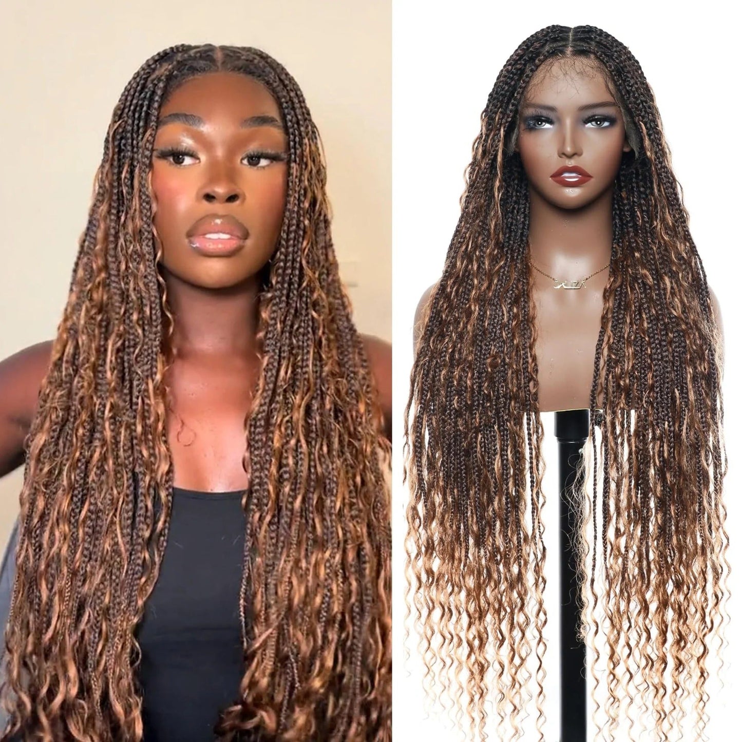 Flexi-fit Full Lace Knotless Bohemian Braided Curls Ombre Brown Invisi Drawstring Wig