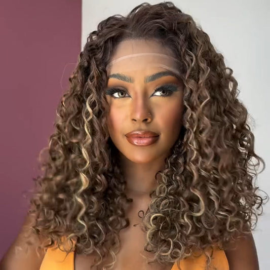 Brown With Blonde Highlight Lace Frontal Curly Wig