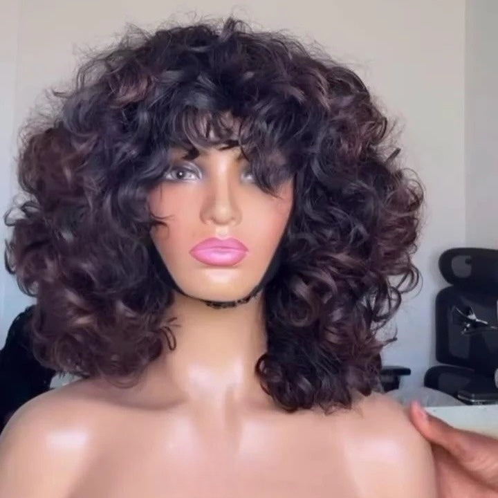 Put On & Go Voluminous Breeny Brown Curly Lob Wig With Bangs