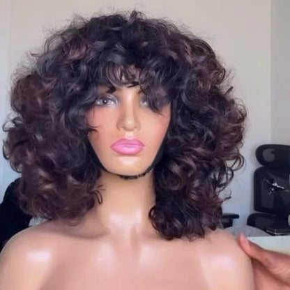 Put On & Go Voluminous Breeny Brown Curly Lob Wig With Bangs