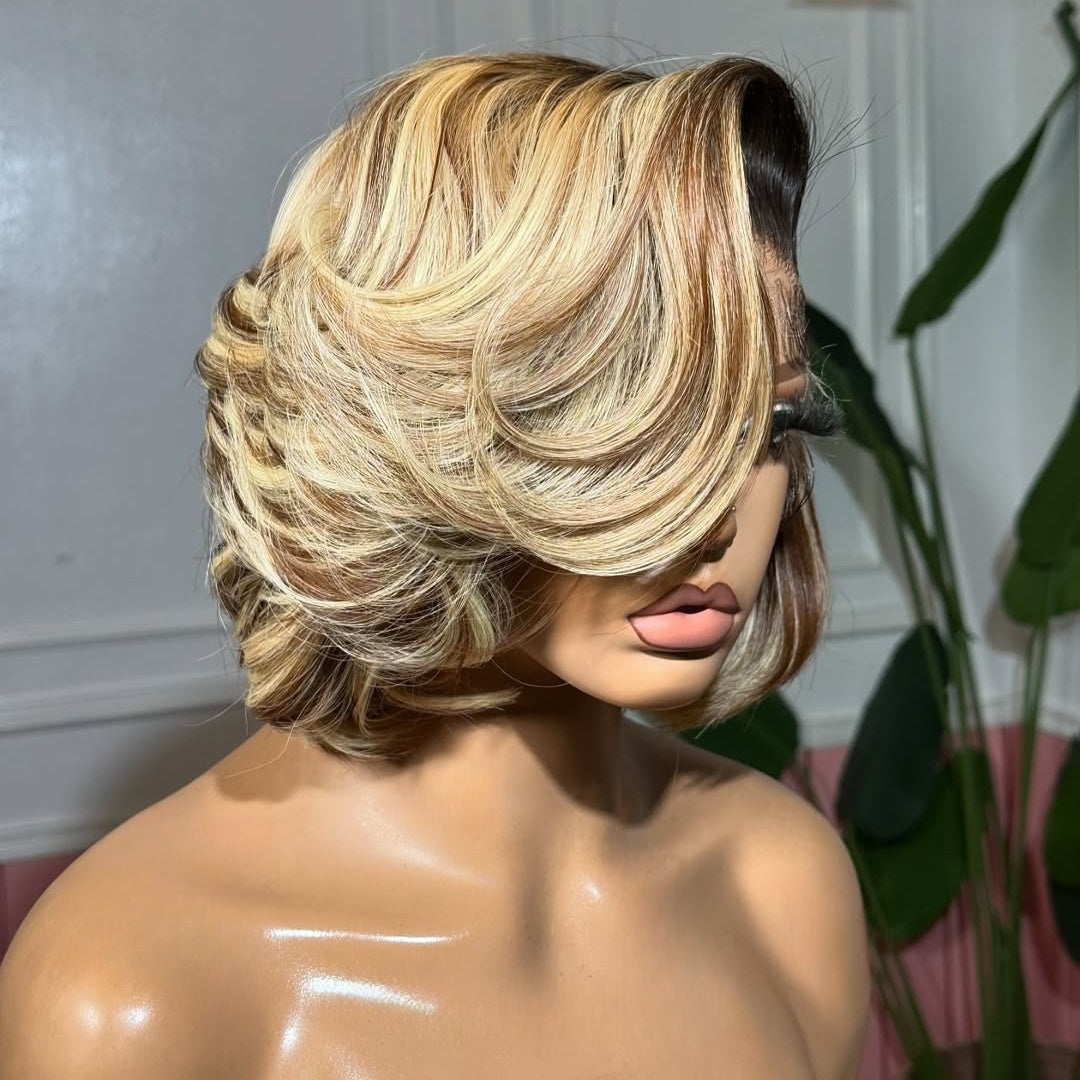 Ombre Blonde With Brown Highlight Layered Lace Frontal Wig