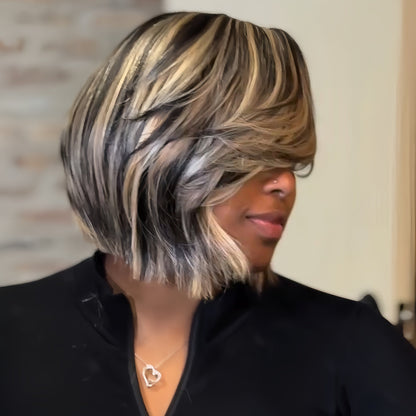 Black With Blonde Highlight 13×4 Lace Frontal Wig with Swoop Bang
