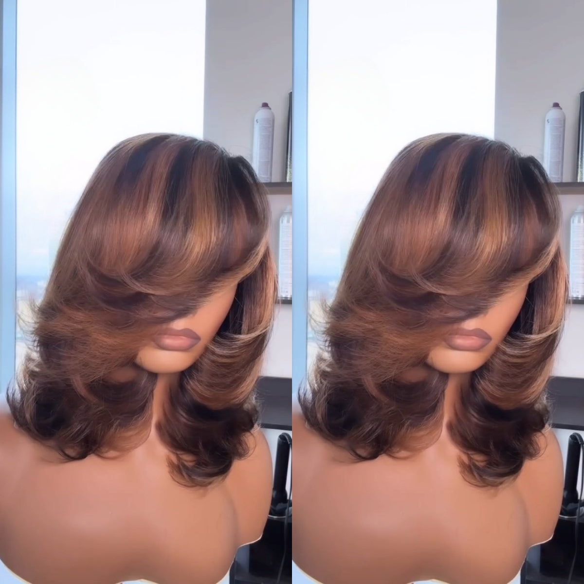 Brown With Blonde Highlight Layered Cut 13x4 Frontal Lace Wig