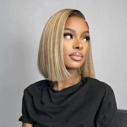 Ash Blonde Highlights With Dark roots Blunt Cut Bob Lace Wig