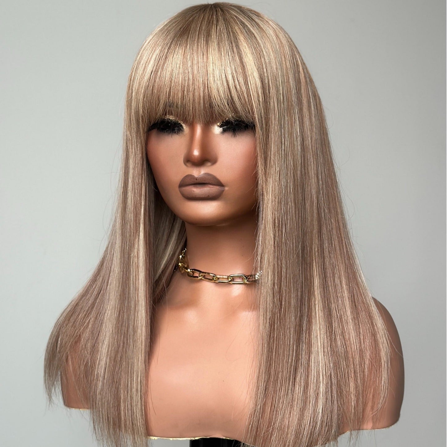 P10/613 Blonde Highlight Straight Glueless Human Hair Wig With Bangs