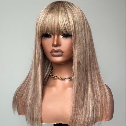 P10/613 Blonde Highlight Straight Glueless Human Hair Wig With Bangs
