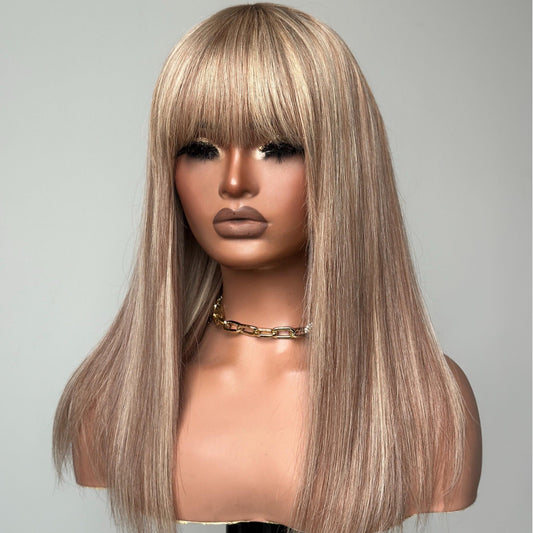 P10/613 Blonde Highlight Straight Glueless Human Hair Wig With Bangs