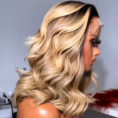 Blonde With Dark Ombre Roots Layered Cut Bob Lace Frontal Wig
