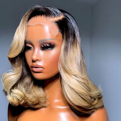 Blonde With Dark Ombre Roots Layered Cut Bob Lace Frontal Wig