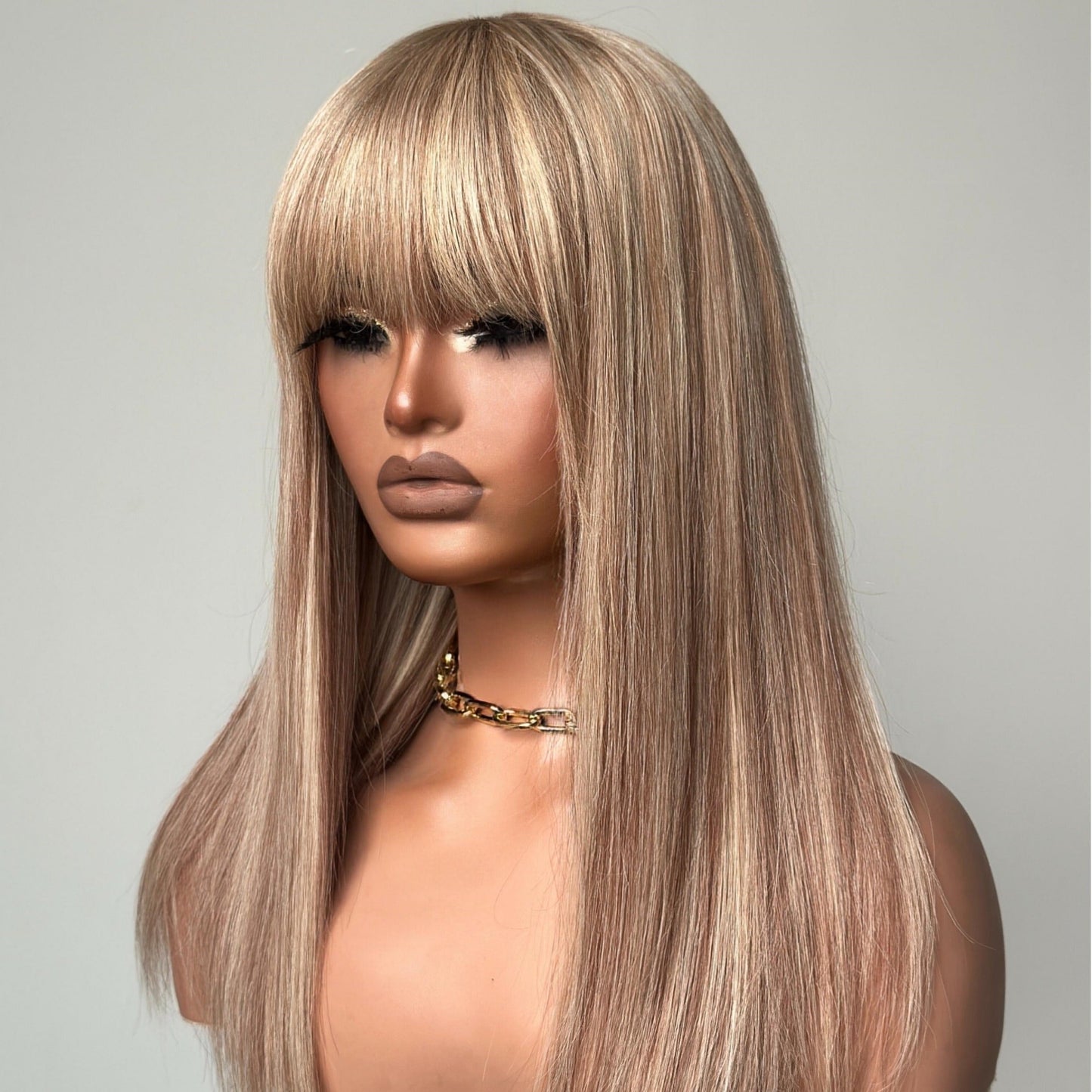 P10/613 Blonde Highlight Straight Glueless Human Hair Wig With Bangs
