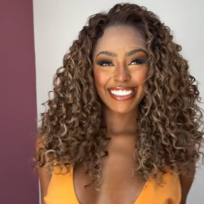 Brown With Blonde Highlight Lace Frontal Curly Wig