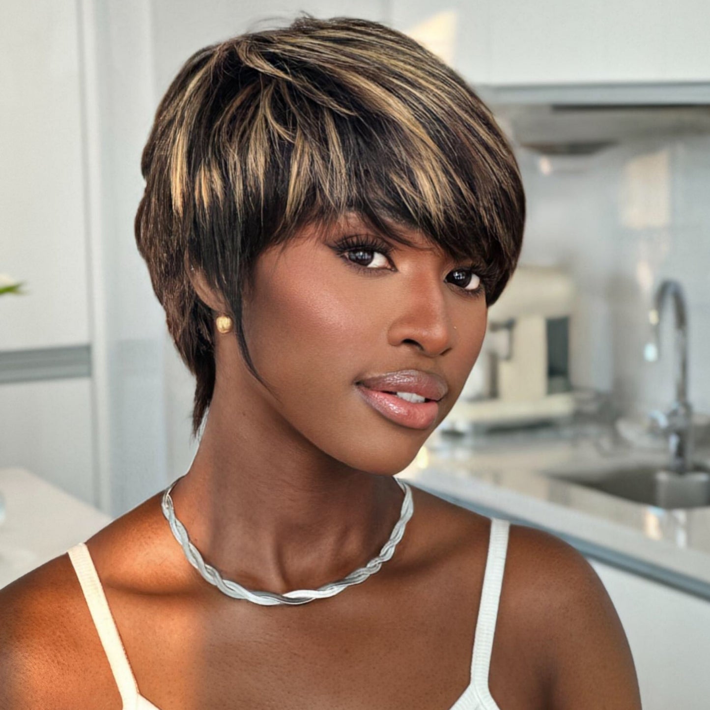 Put On & Go Blonde Highlights Layered Pixie Cut Wig With Bangs