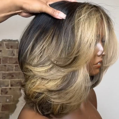 Blonde Highlight Layered Cut Bob 5x5 Lace Closure Wig