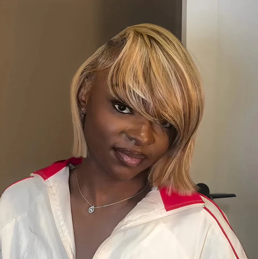613 Blonde Highlight With Brown Bob 13×4 Lace Frontal Wig With Swoop Bang