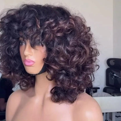 Put On & Go Voluminous Breeny Brown Curly Lob Wig With Bangs