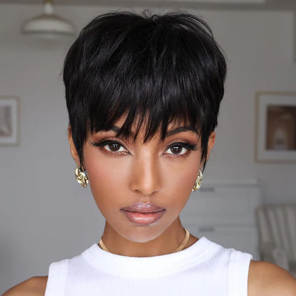 Put on & Go Layered Short Pixie Cut Human Hair Wig With Bang