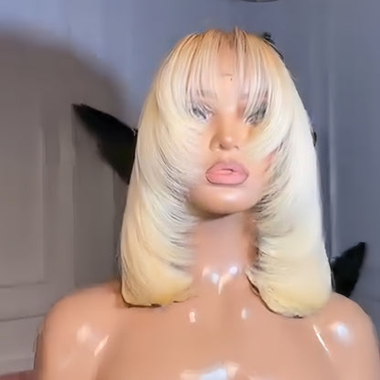 613 Blonde Straight Layered Lace Closure Wig With Curtain Bang