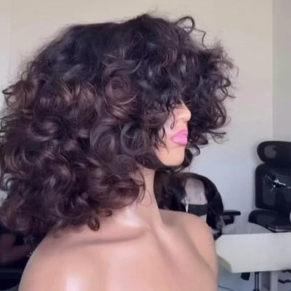 Put On & Go Voluminous Breeny Brown Curly Lob Wig With Bangs