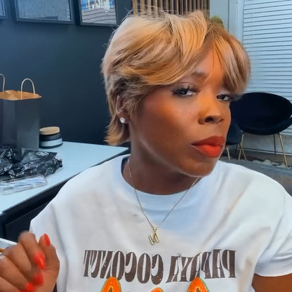 Blonde Highlight Curtain Bangs Short Pixie Cut Glueless Bangs Wig