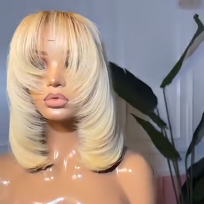 613 Blonde Straight Layered Lace Closure Wig With Curtain Bang