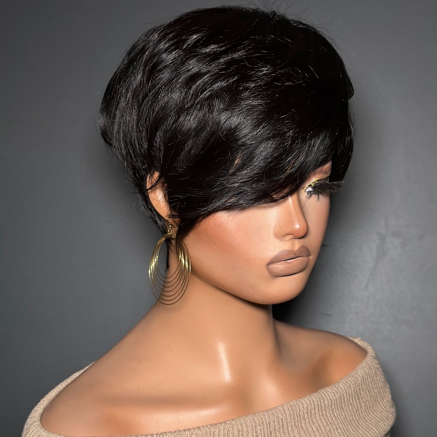 Short Pixie Cut With Long Bangs Glueless Natural Human Hair Wig