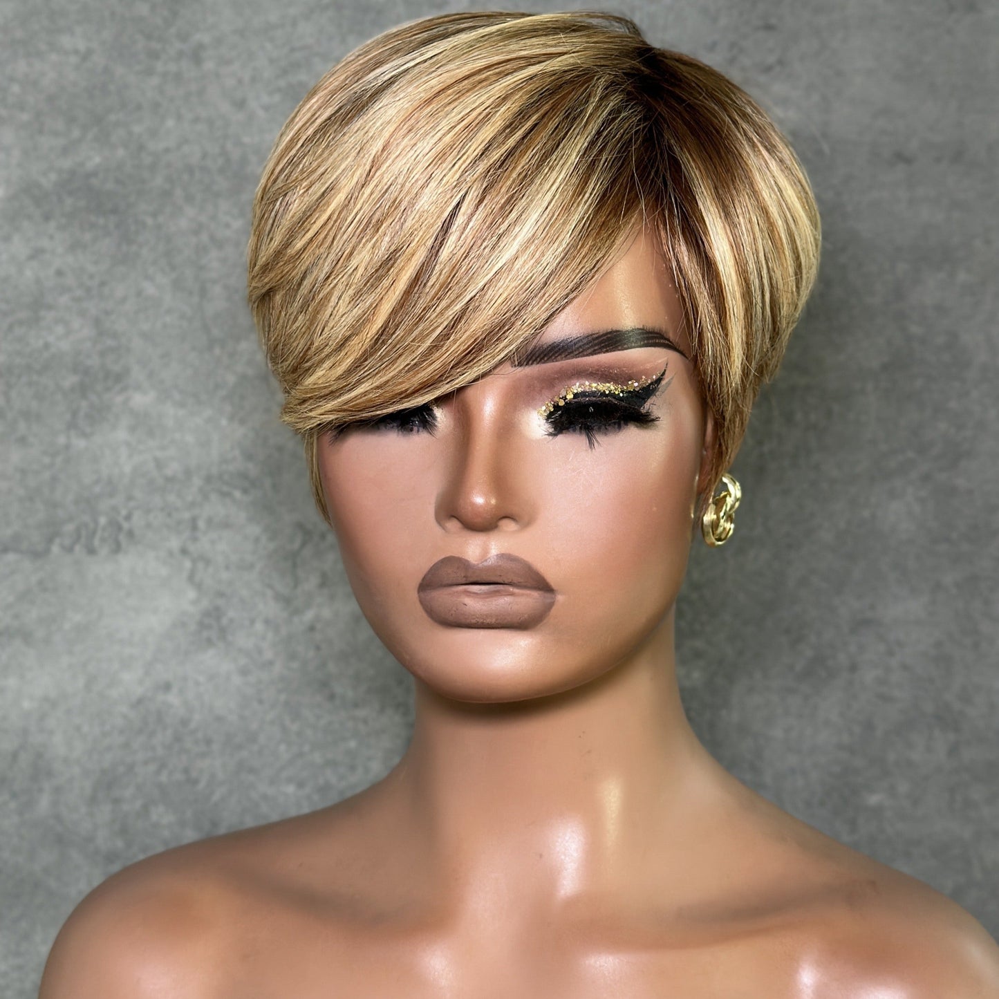 Blonde Highlight With Brown Short Pixie Cut Glueless Long Bangs Wig