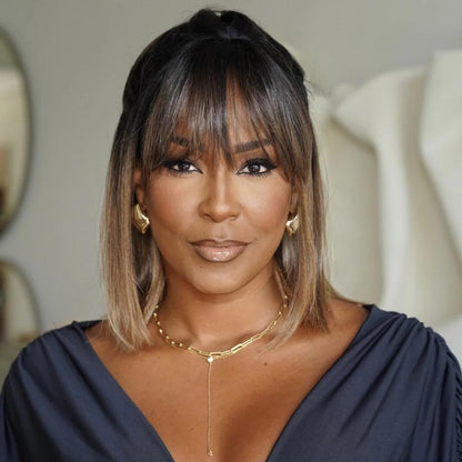 Ombre Brown Highlight Glueless Bangs Straight Wig