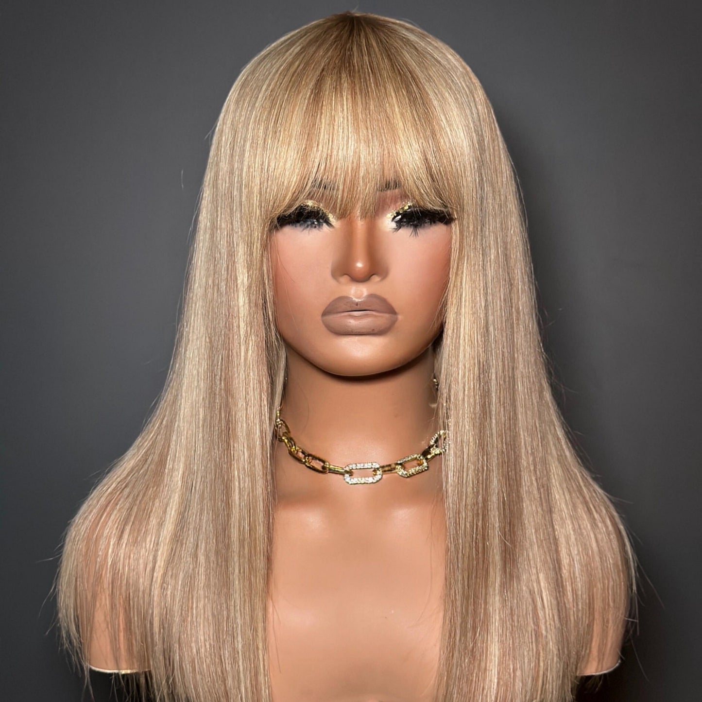 P10/613 Blonde Highlight Straight Glueless Human Hair Wig With Bangs