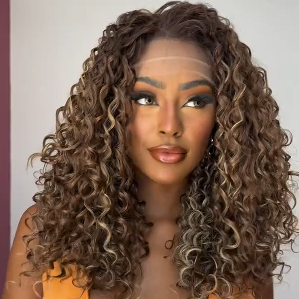 Brown With Blonde Highlight Lace Frontal Curly Wig