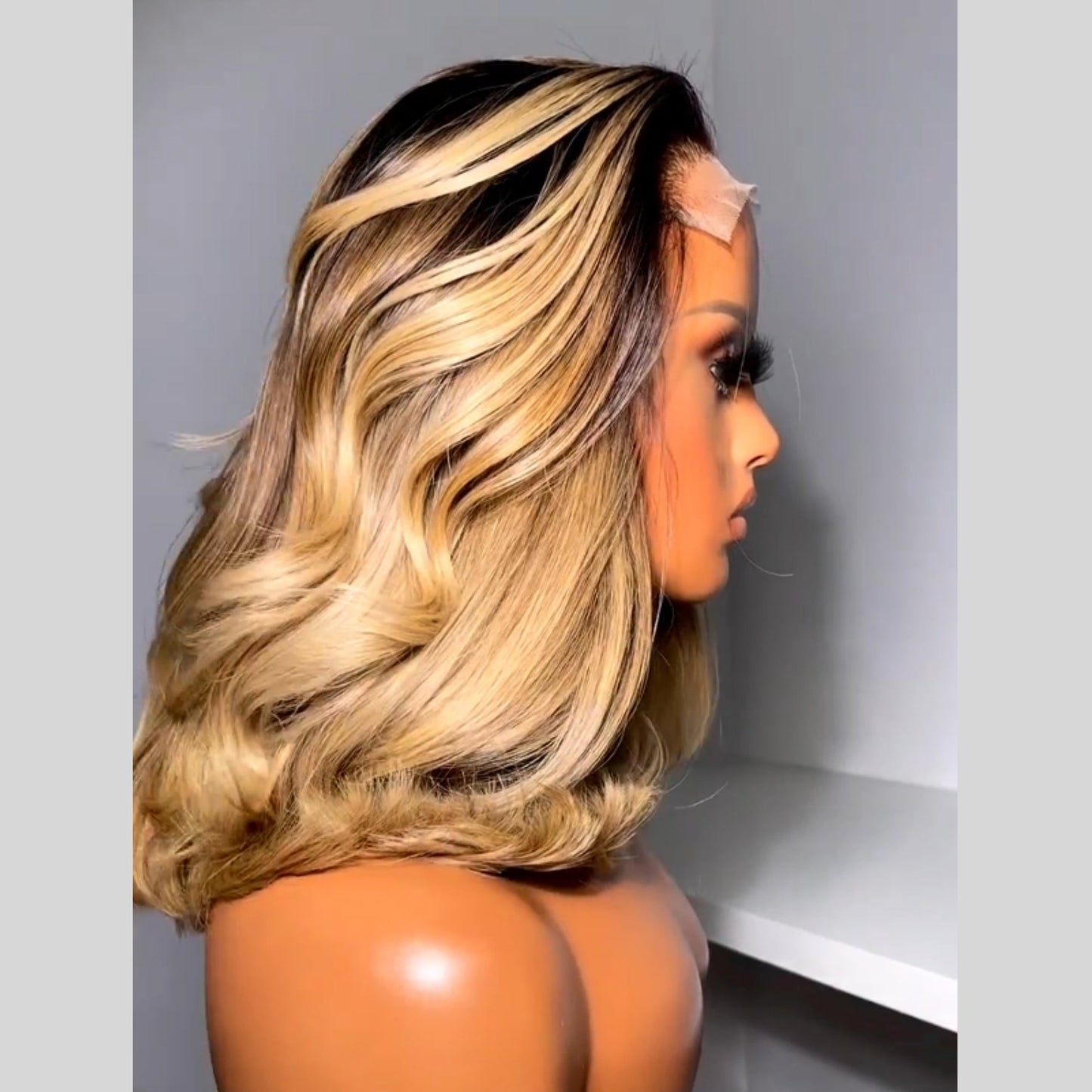 Blonde With Dark Ombre Roots Layered Cut Bob Lace Frontal Wig