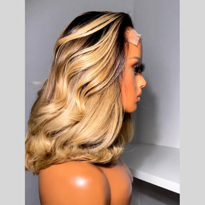 Blonde With Dark Ombre Roots Layered Cut Bob Lace Frontal Wig