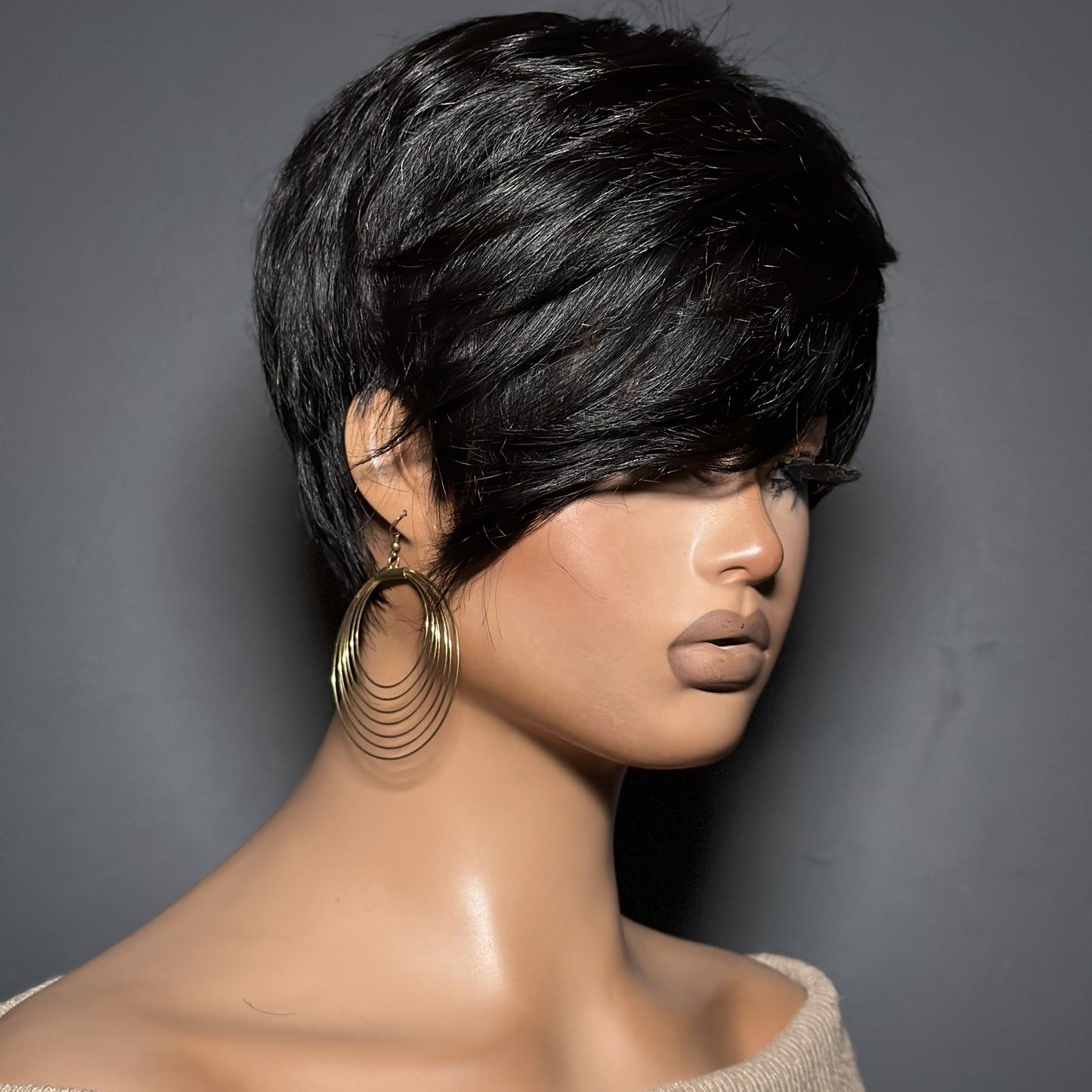 Short Pixie Cut With Long Bangs Glueless Natural Human Hair Wig