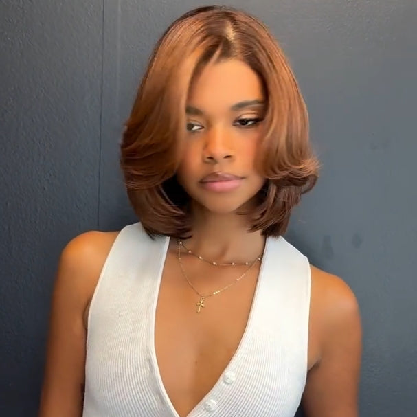 Brown with Dark Roots Side Parted Layered Cut Lace Frontal Wig