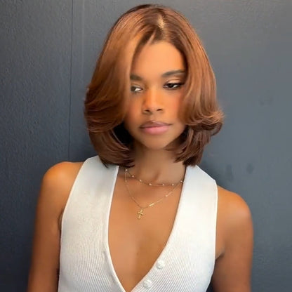 Brown with Dark Roots Side Parted Layered Cut Lace Frontal Wig