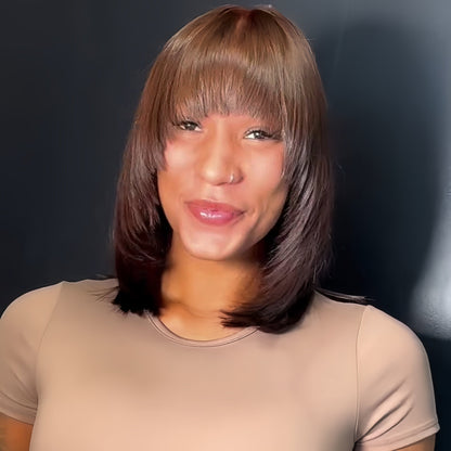 Dark Reddish brown Layered Cut Closure Wig with Bang