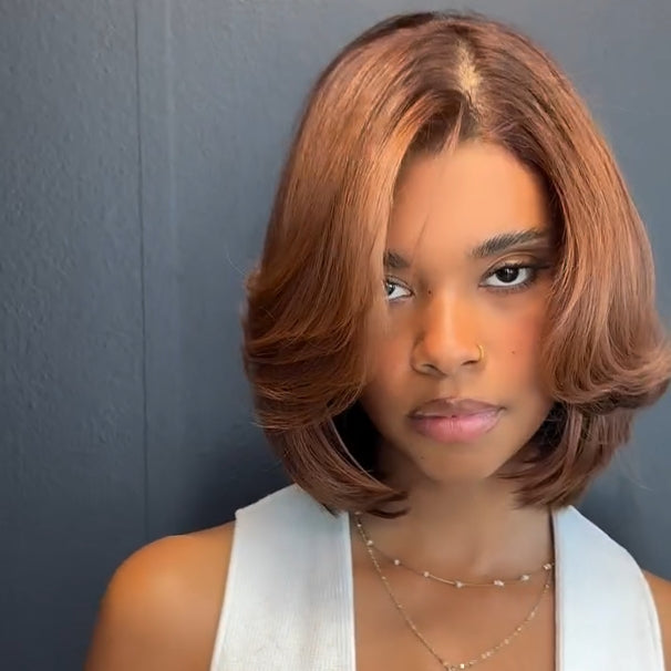 Brown with Dark Roots Side Parted Layered Cut Lace Frontal Wig