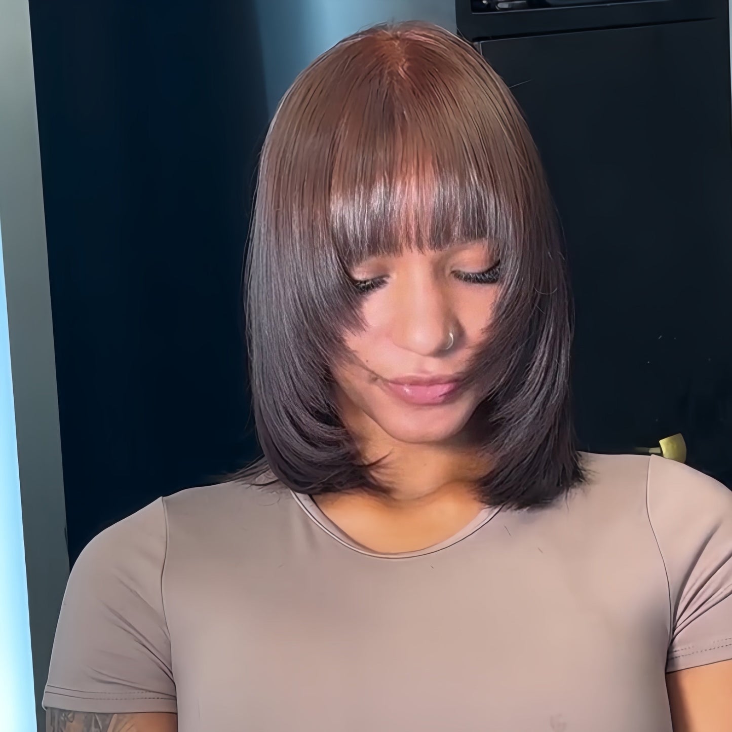 Dark Reddish brown Layered Cut Closure Wig with Bang