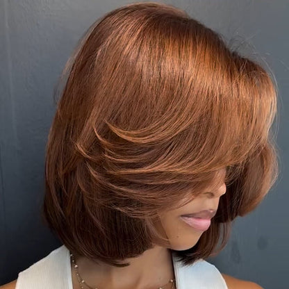 Brown with Dark Roots Side Parted Layered Cut Lace Frontal Wig