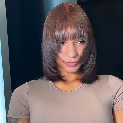 Dark Reddish brown Layered Cut Closure Wig with Bang