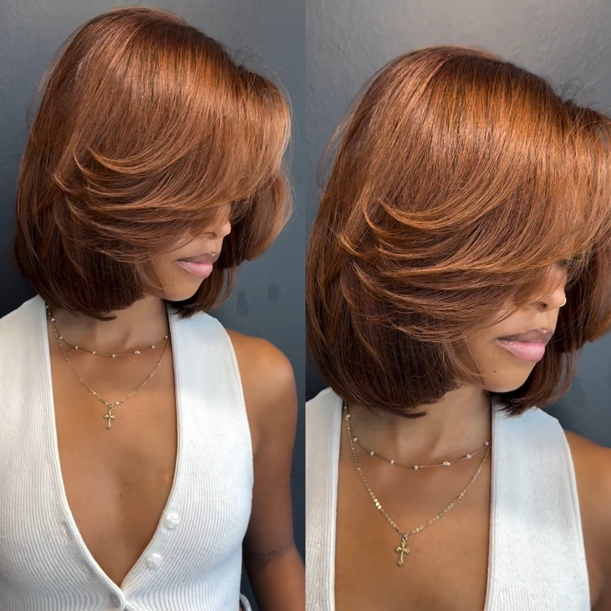 Brown with Dark Roots Side Parted Layered Cut Lace Frontal Wig
